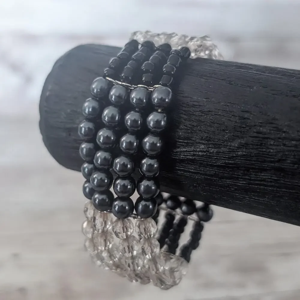 Vintage Stretch Bracelet Three Row Blue, Black, Frosted